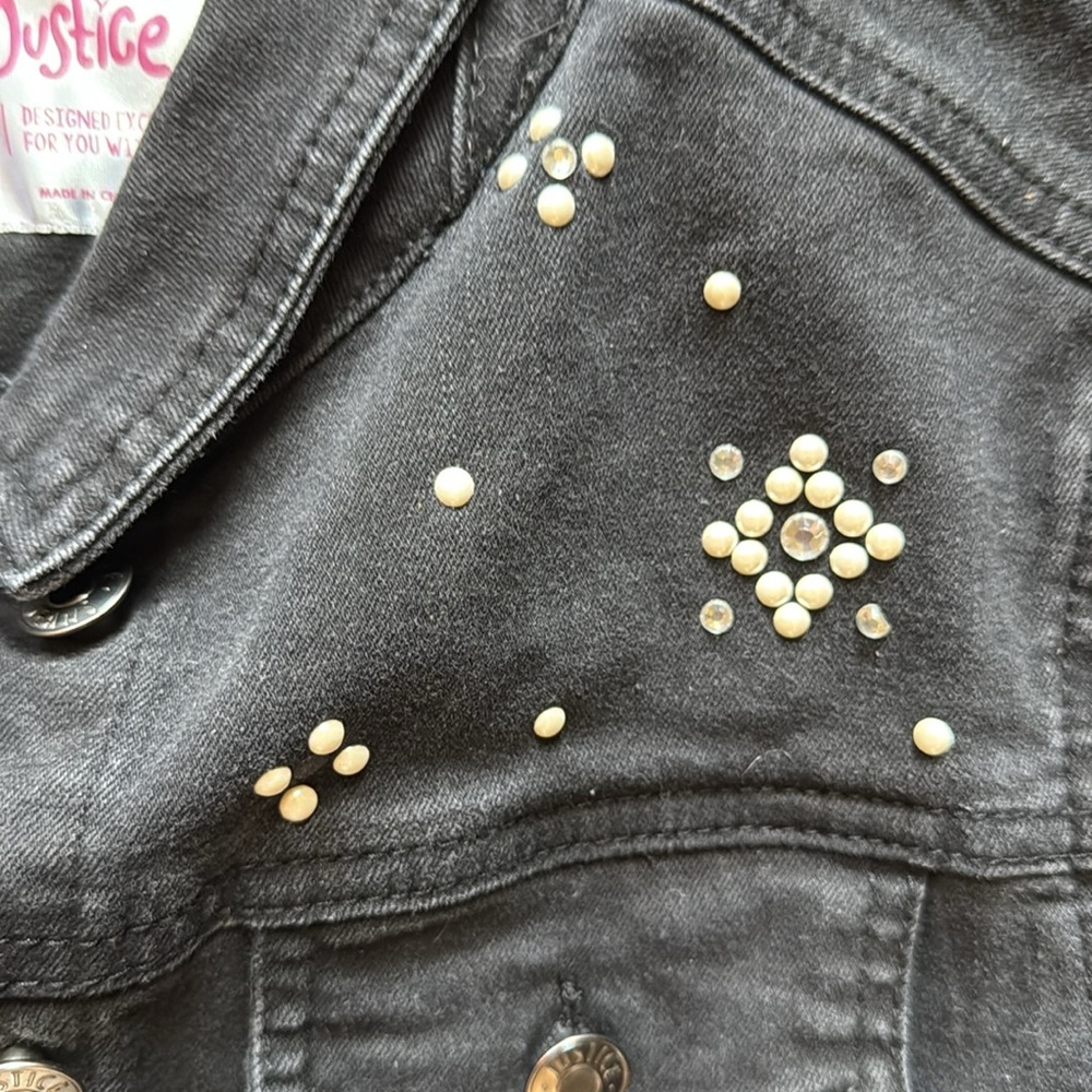 Justice Black Denim Jacket with pearls and rhinestones, size girls 12 - Picture 2 of 4